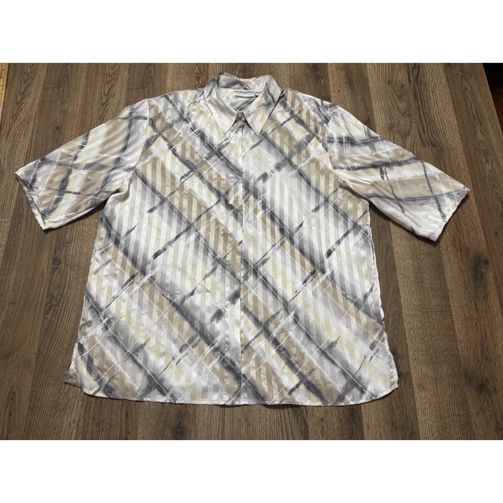 Alfred Dunner Shirt Men's Size 18 White Gray Tan Button Up Shirt Short Sleeve